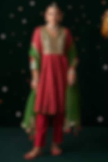 Red Silk Printed & Embroidered Wedding Anarkali Set by Almaari by Pooja Patel at Pernia's Pop Up Shop