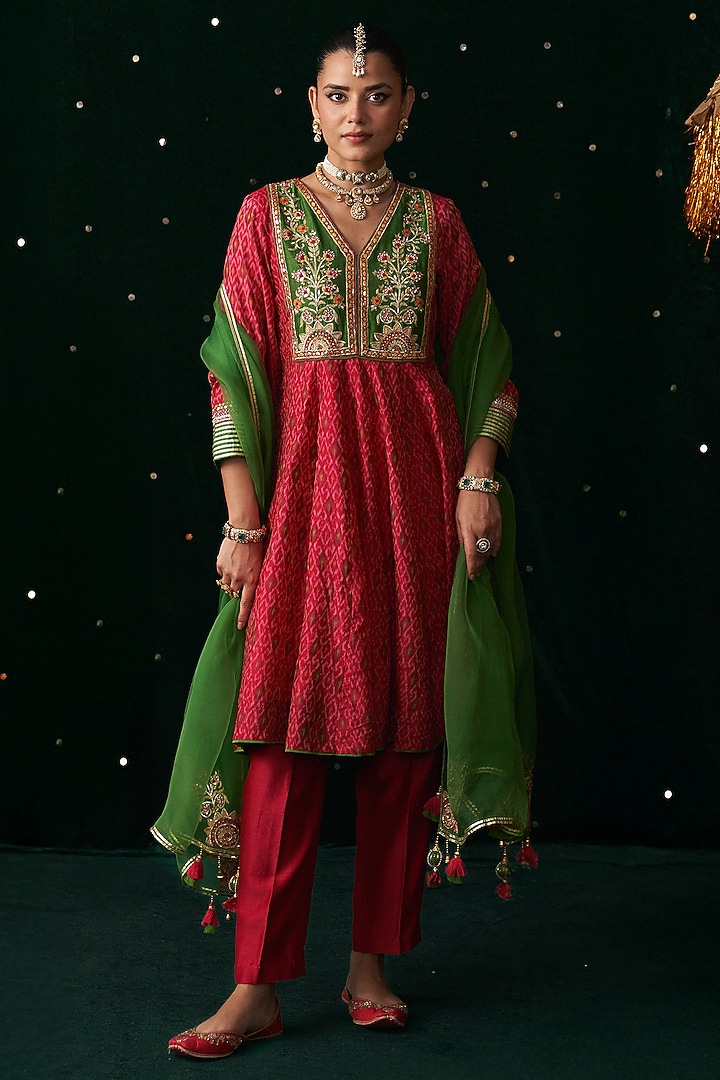 Red Silk Printed & Embroidered Wedding Anarkali Set by Almaari by Pooja Patel at Pernia's Pop Up Shop