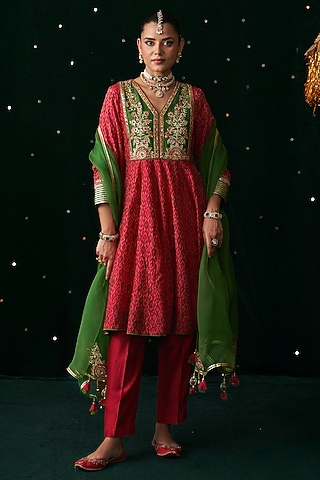 Red Silk Printed & Embroidered Anarkali Set by Almaari by Pooja Patel