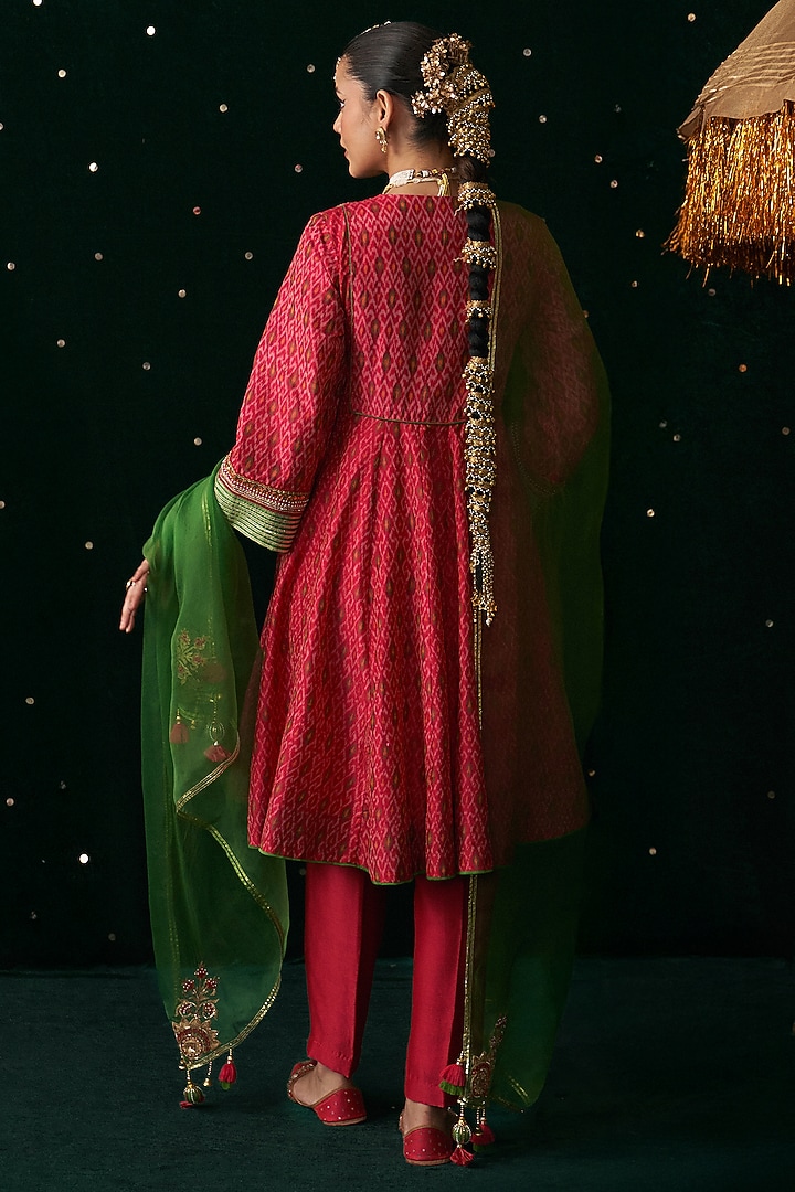 Red Silk Printed & Embroidered Wedding Anarkali Set by Almaari by Pooja Patel at Pernia's Pop Up Shop
