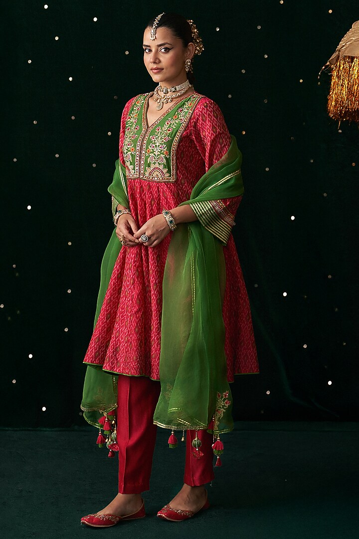 Red Silk Printed & Embroidered Wedding Anarkali Set by Almaari by Pooja Patel at Pernia's Pop Up Shop