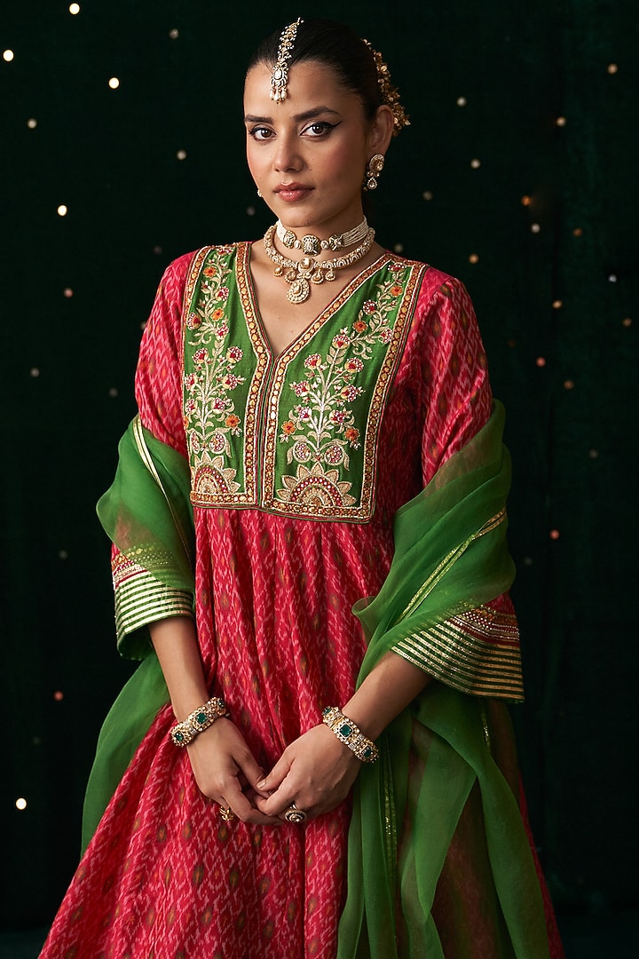 Red Silk Printed & Embroidered Wedding Anarkali Set by Almaari by Pooja Patel at Pernia's Pop Up Shop