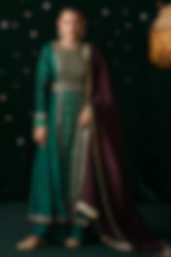 Green Silk & Ikat Embroidered Wedding Anarkali Set by Almaari by Pooja Patel at Pernia's Pop Up Shop