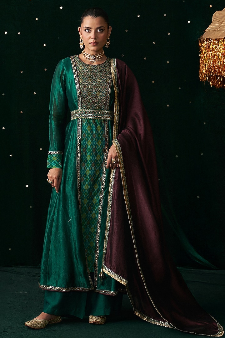 Green Silk & Ikat Embroidered Wedding Anarkali Set by Almaari by Pooja Patel at Pernia's Pop Up Shop