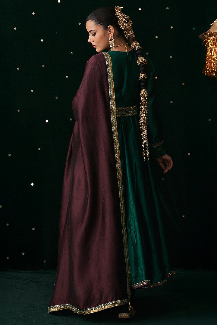 Green Silk & Ikat Embroidered Wedding Anarkali Set by Almaari by Pooja Patel at Pernia's Pop Up Shop