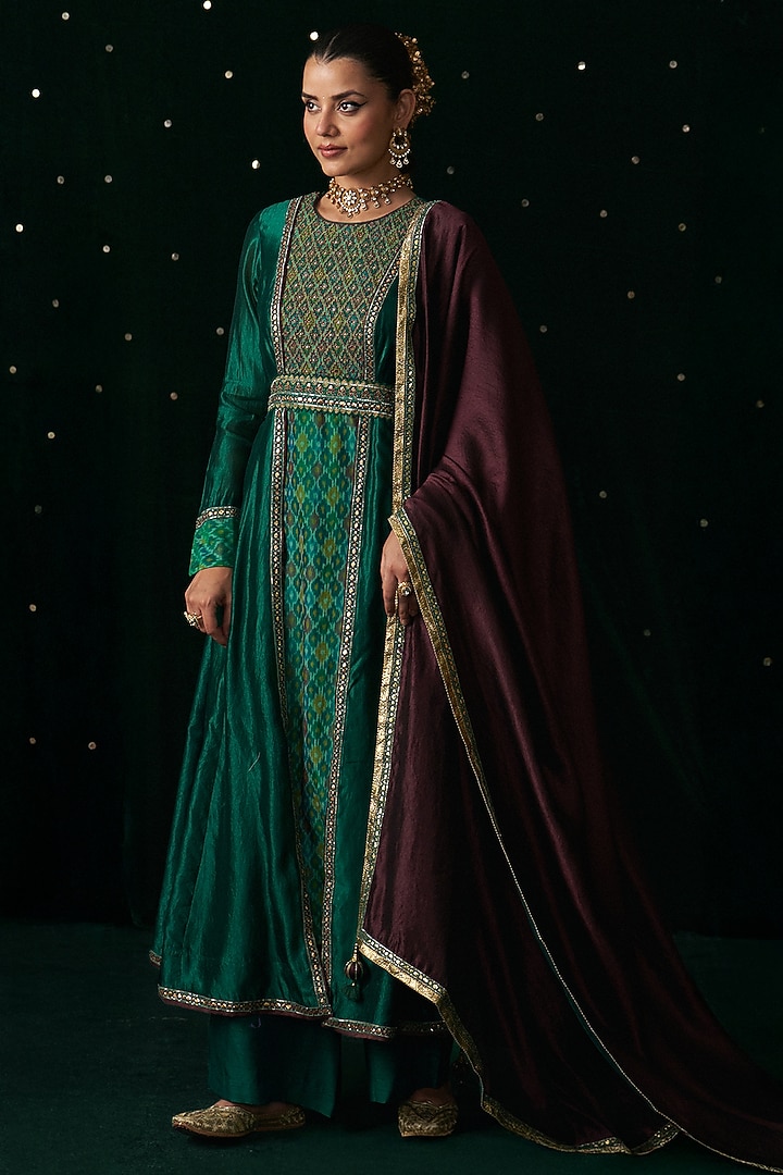 Green Silk & Ikat Embroidered Wedding Anarkali Set by Almaari by Pooja Patel at Pernia's Pop Up Shop