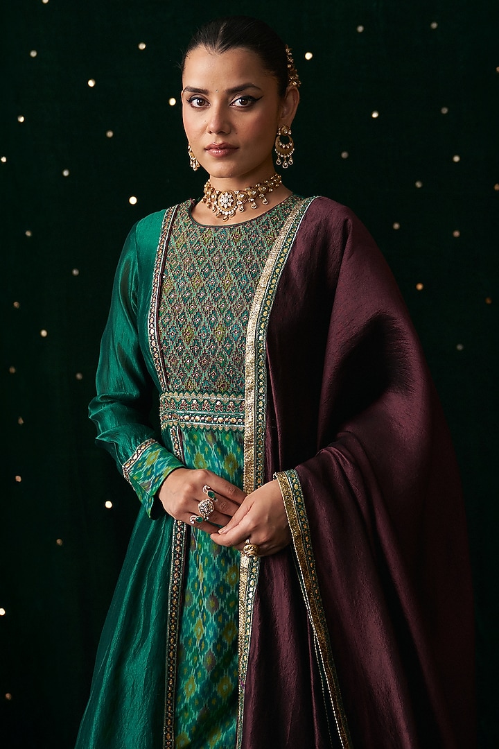 Green Silk & Ikat Embroidered Wedding Anarkali Set by Almaari by Pooja Patel at Pernia's Pop Up Shop