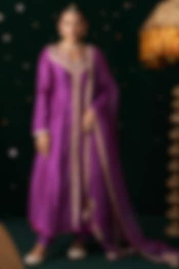 Purple Silk Embroidered Wedding Anarkali Set by Almaari by Pooja Patel at Pernia's Pop Up Shop