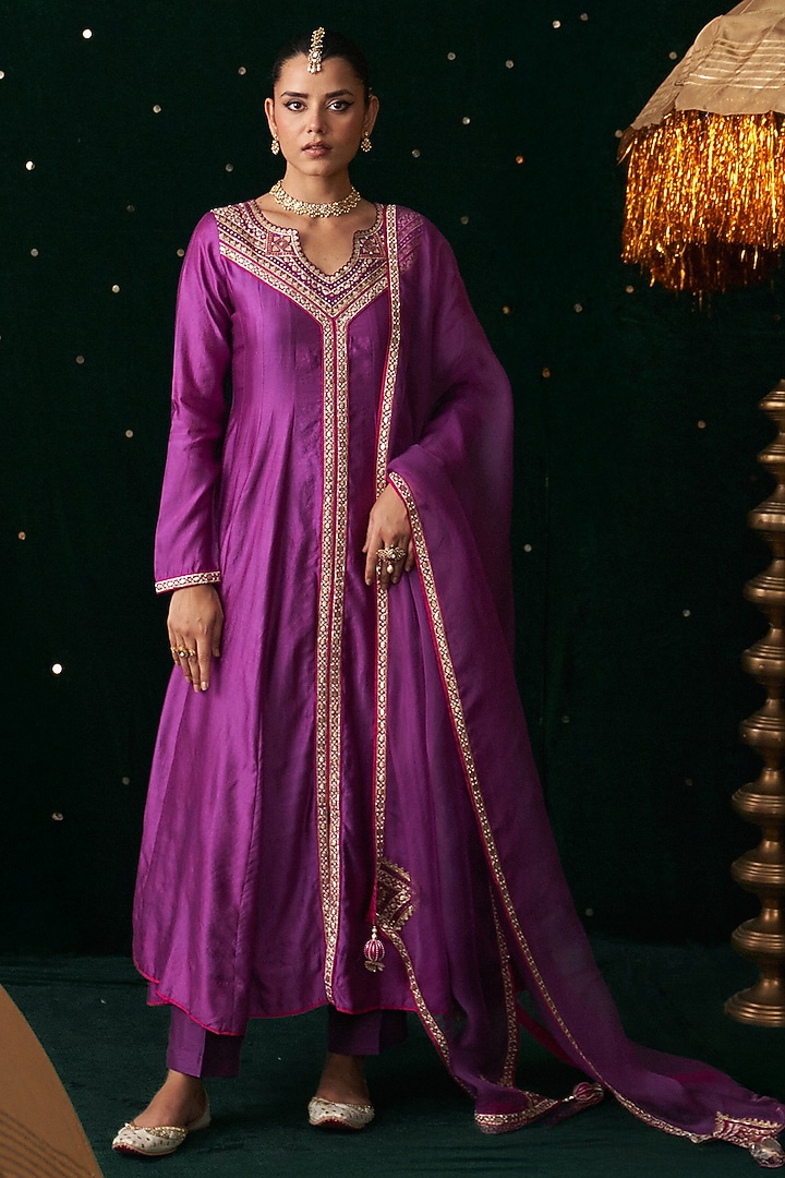 Purple Silk Embroidered Wedding Anarkali Set by Almaari by Pooja Patel at Pernia's Pop Up Shop