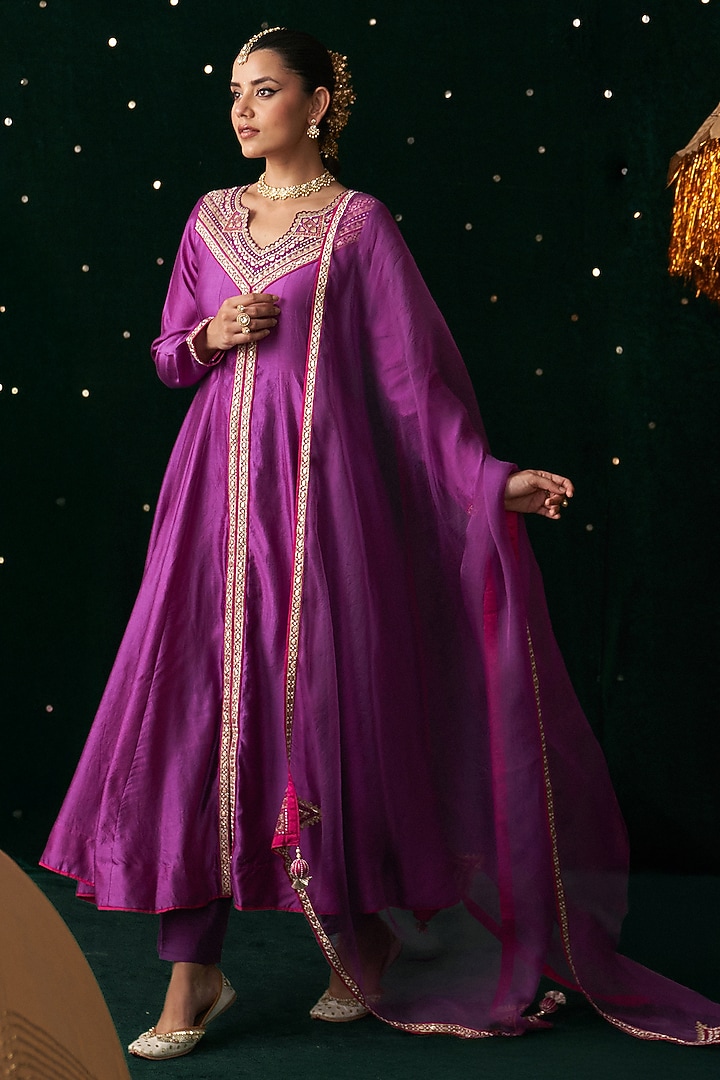 Purple Silk Embroidered Wedding Anarkali Set by Almaari by Pooja Patel at Pernia's Pop Up Shop