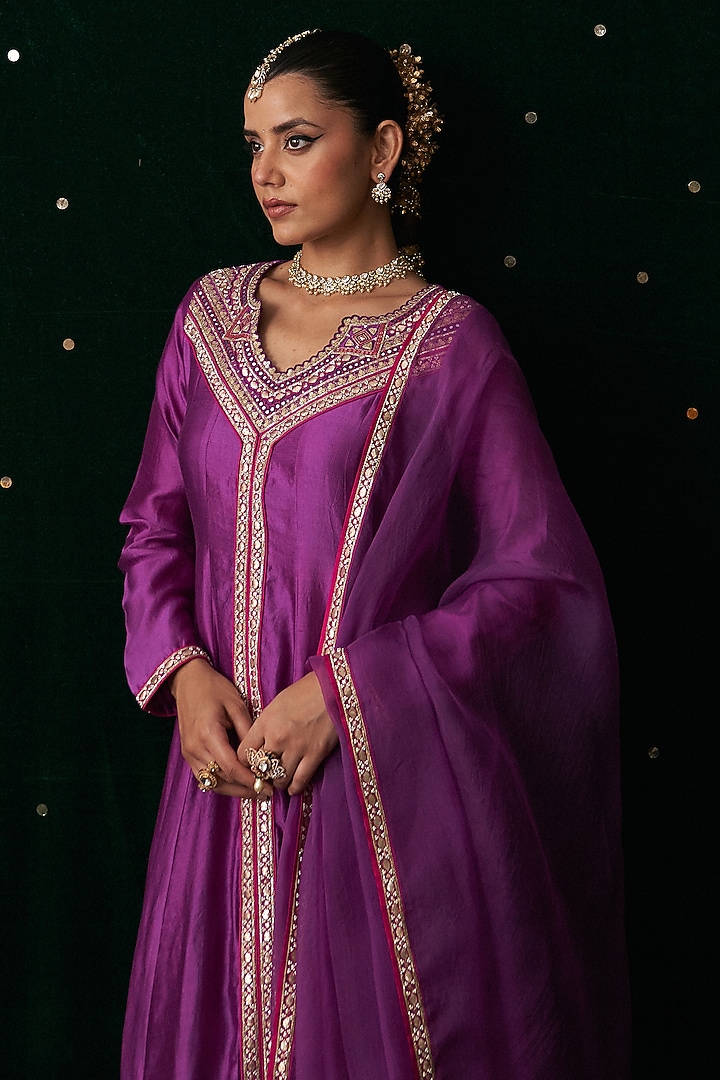 Purple Silk Embroidered Wedding Anarkali Set by Almaari by Pooja Patel at Pernia's Pop Up Shop