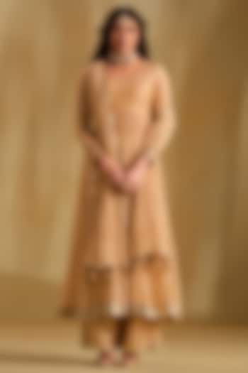 Beige Silk Gota Work Party Wear Anarkali Set by Almaari by Pooja Patel at Pernia's Pop Up Shop