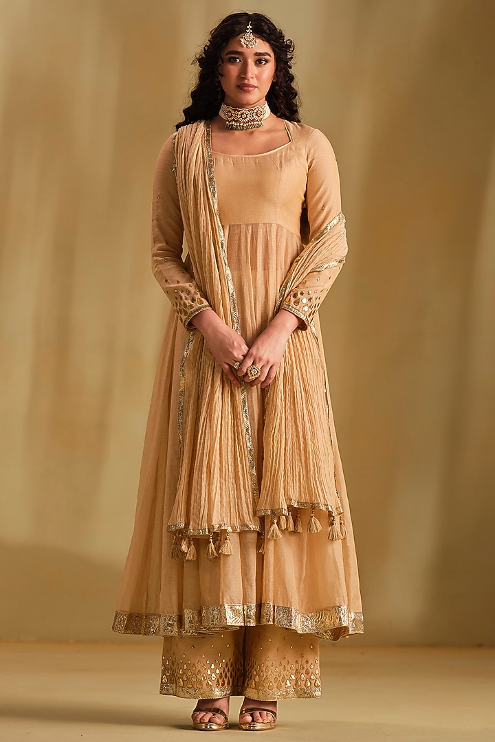 Beige Silk Gota Work Party Wear Anarkali Set by Almaari by Pooja Patel at Pernia's Pop Up Shop