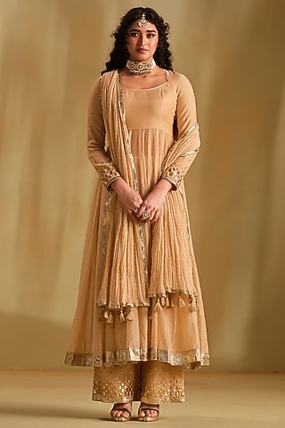 Beige Silk Gota Work Anarkali Set by Almaari by Pooja Patel