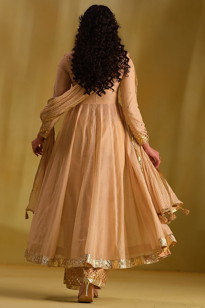 Beige Silk Gota Work Party Wear Anarkali Set by Almaari by Pooja Patel at Pernia's Pop Up Shop