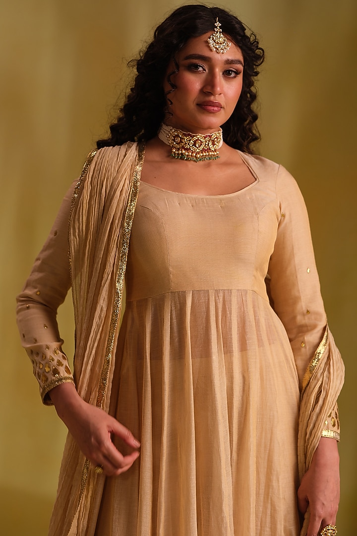 Beige Silk Gota Work Party Wear Anarkali Set by Almaari by Pooja Patel at Pernia's Pop Up Shop