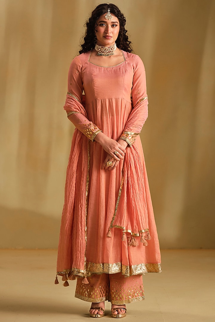 Pink Silk Gota Work Party Wear Anarkali Set by Almaari by Pooja Patel at Pernia's Pop Up Shop