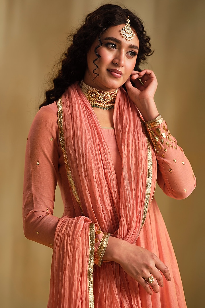 Pink Silk Gota Work Party Wear Anarkali Set by Almaari by Pooja Patel at Pernia's Pop Up Shop