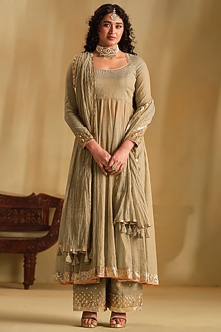 Green Silk Gota Work Anarkali Set by Almaari by Pooja Patel