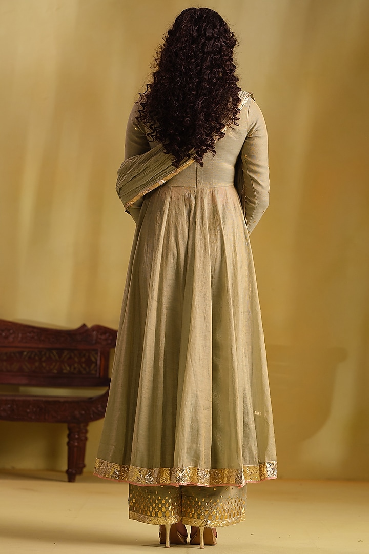 Green Silk Gota Work Party Wear Anarkali Set by Almaari by Pooja Patel at Pernia's Pop Up Shop