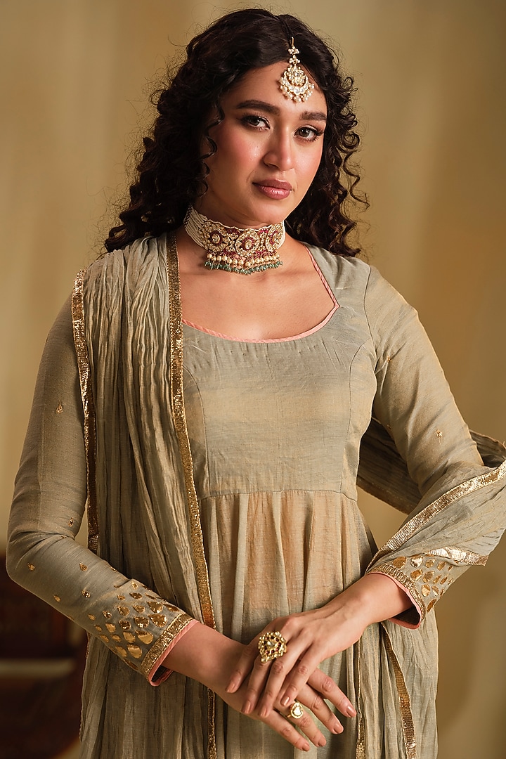 Green Silk Gota Work Party Wear Anarkali Set by Almaari by Pooja Patel at Pernia's Pop Up Shop