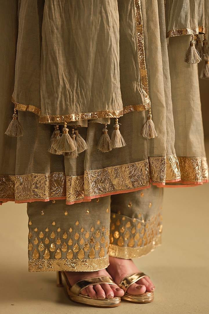 Green Silk Gota Work Party Wear Anarkali Set by Almaari by Pooja Patel at Pernia's Pop Up Shop