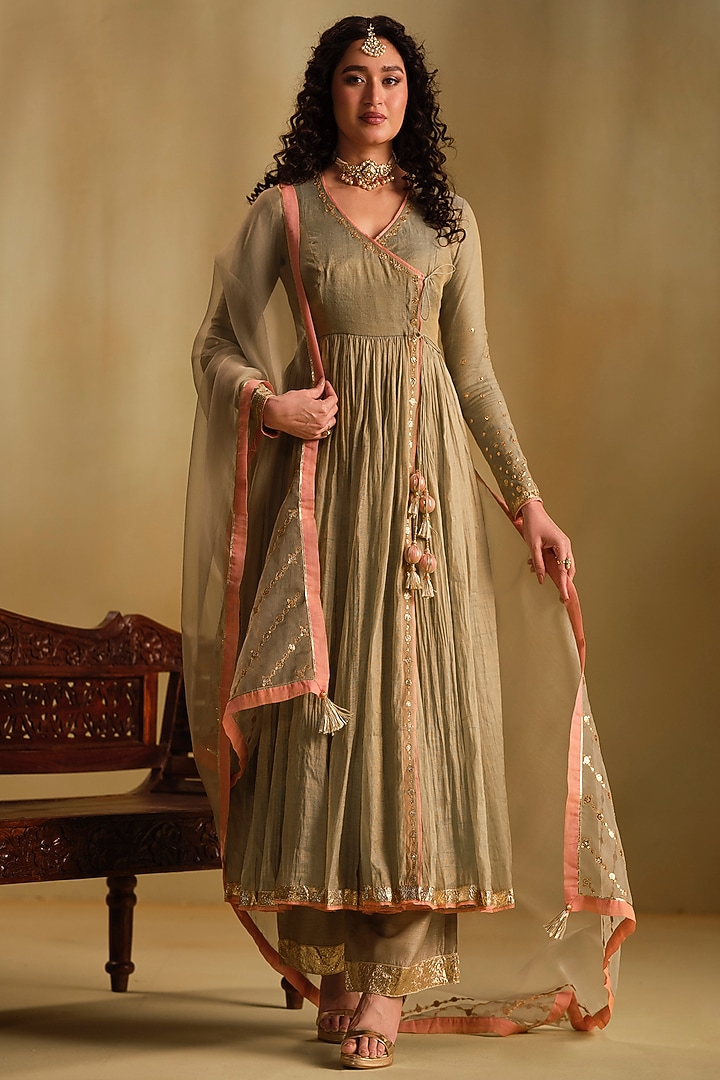 Green Silk Gota Work Wedding Anarkali Set by Almaari by Pooja Patel at Pernia's Pop Up Shop