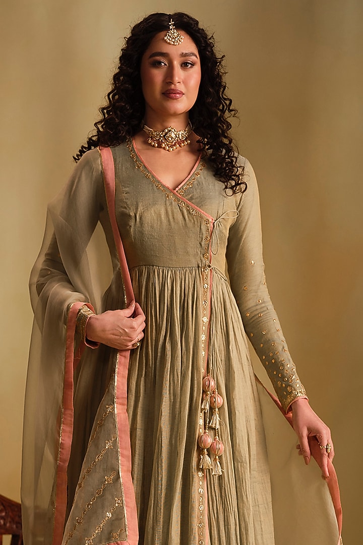 Green Silk Gota Work Wedding Anarkali Set by Almaari by Pooja Patel at Pernia's Pop Up Shop