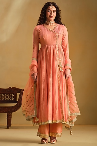 Pink Silk Gota Work Anarkali Set by Almaari by Pooja Patel