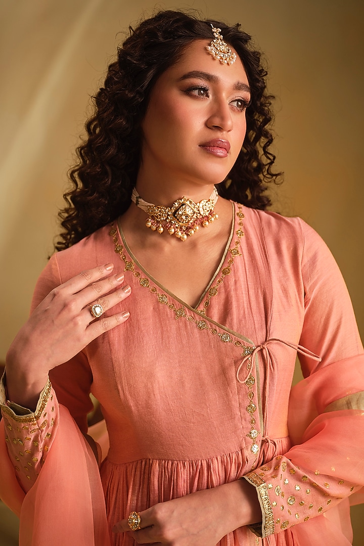 Pink Silk Gota Work Wedding Anarkali Set by Almaari by Pooja Patel at Pernia's Pop Up Shop
