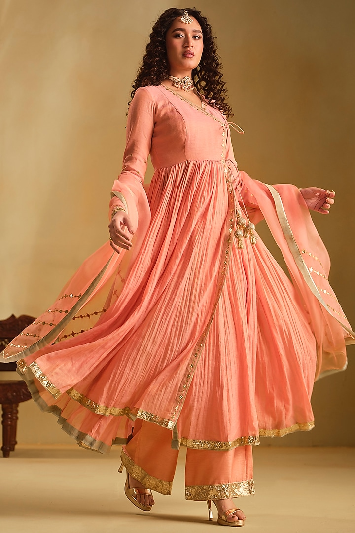 Pink Silk Gota Work Wedding Anarkali Set by Almaari by Pooja Patel at Pernia's Pop Up Shop