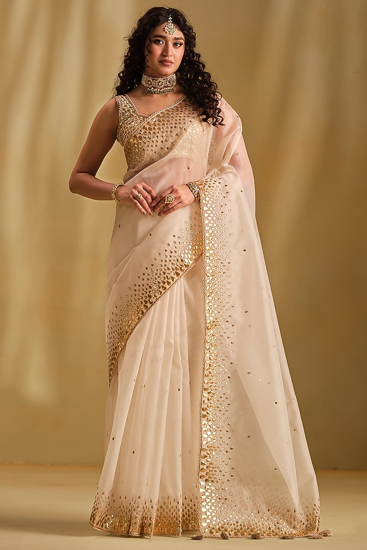 White Silk Gota Work Wedding Saree Set by Almaari by Pooja Patel at Pernia's Pop Up Shop