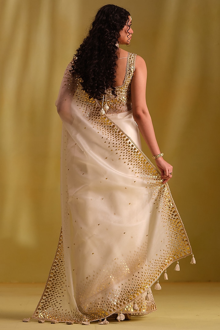 White Silk Gota Work Wedding Saree Set by Almaari by Pooja Patel at Pernia's Pop Up Shop