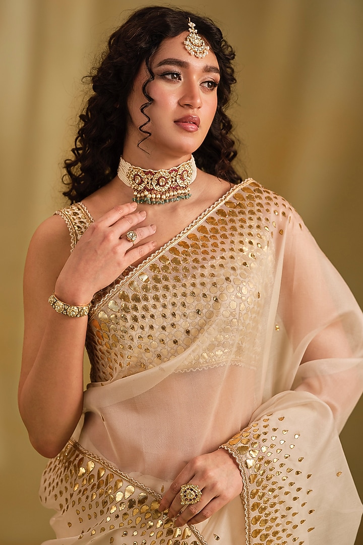 White Silk Gota Work Wedding Saree Set by Almaari by Pooja Patel at Pernia's Pop Up Shop