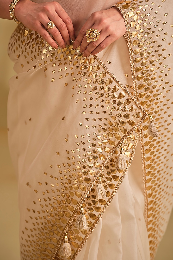 White Silk Gota Work Wedding Saree Set by Almaari by Pooja Patel at Pernia's Pop Up Shop