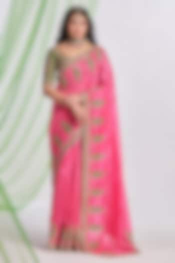 Pink Silk Thread Work Reception Saree Set by Almaari by Pooja Patel at Pernia's Pop Up Shop