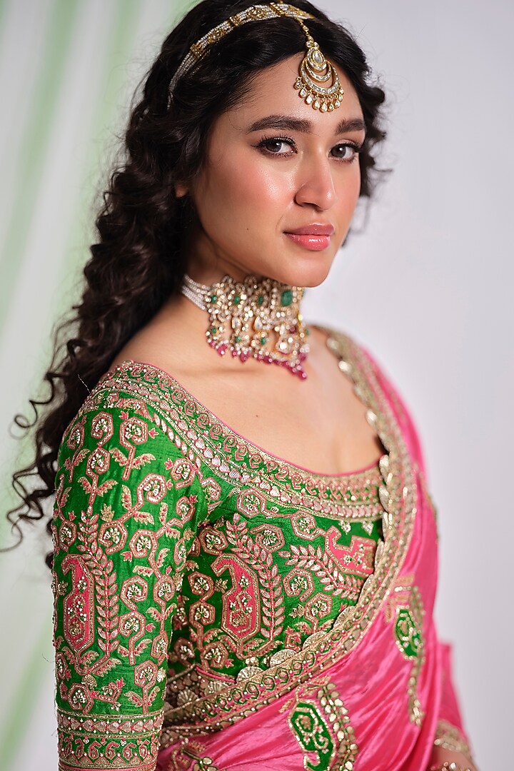 Pink Silk Thread Work Reception Saree Set by Almaari by Pooja Patel at Pernia's Pop Up Shop