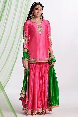 Pink Silk Aari Work Sharara Set by Almaari by Pooja Patel