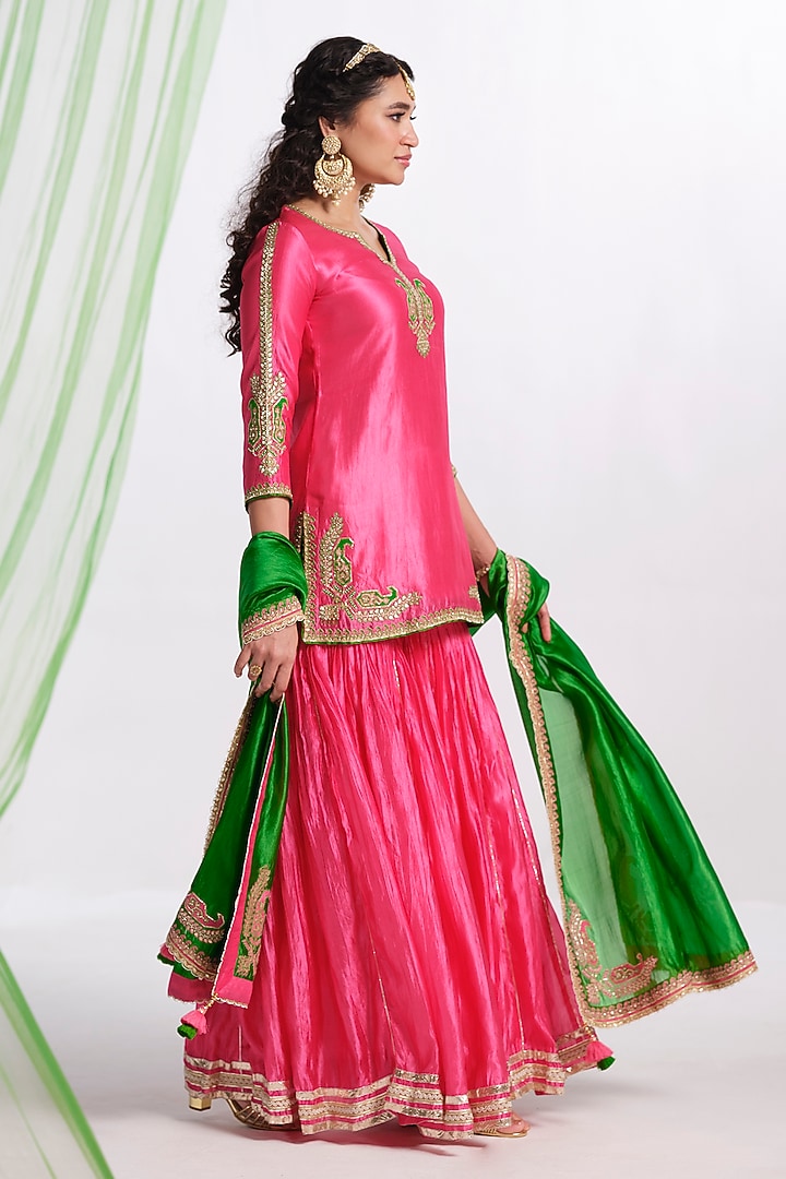 Pink Silk Aari Work Wedding Sharara Set by Almaari by Pooja Patel at Pernia's Pop Up Shop