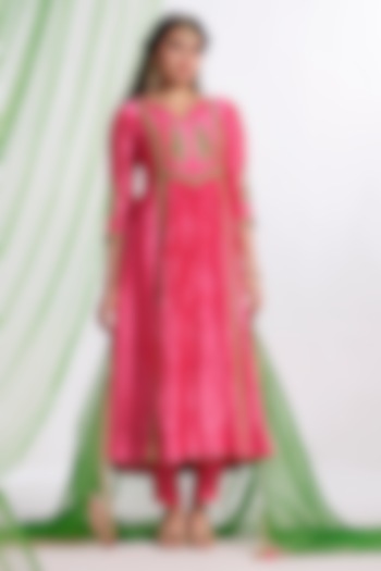 Pink Silk Aari Work Wedding Anarkali Set by Almaari by Pooja Patel at Pernia's Pop Up Shop