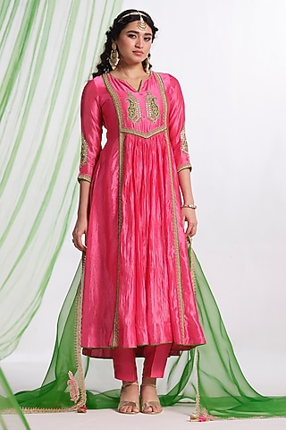 Pink Silk Aari Work Anarkali Set by Almaari by Pooja Patel