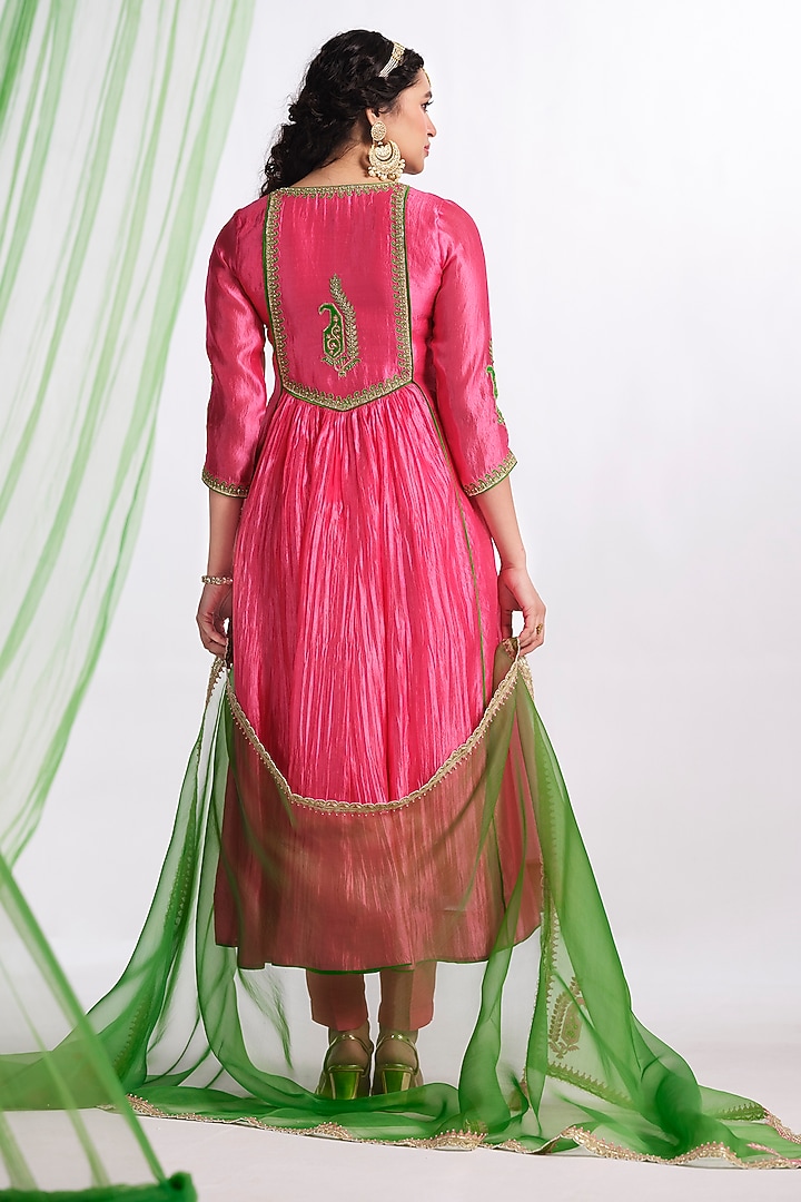 Pink Silk Aari Work Wedding Anarkali Set by Almaari by Pooja Patel at Pernia's Pop Up Shop