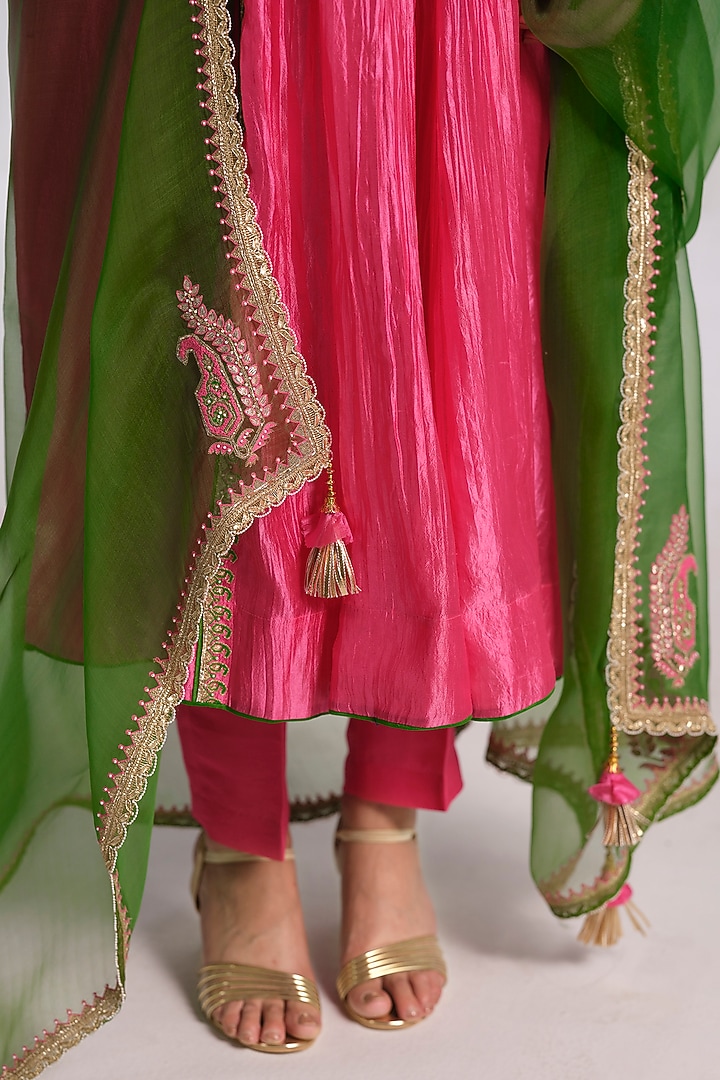 Pink Silk Aari Work Wedding Anarkali Set by Almaari by Pooja Patel at Pernia's Pop Up Shop