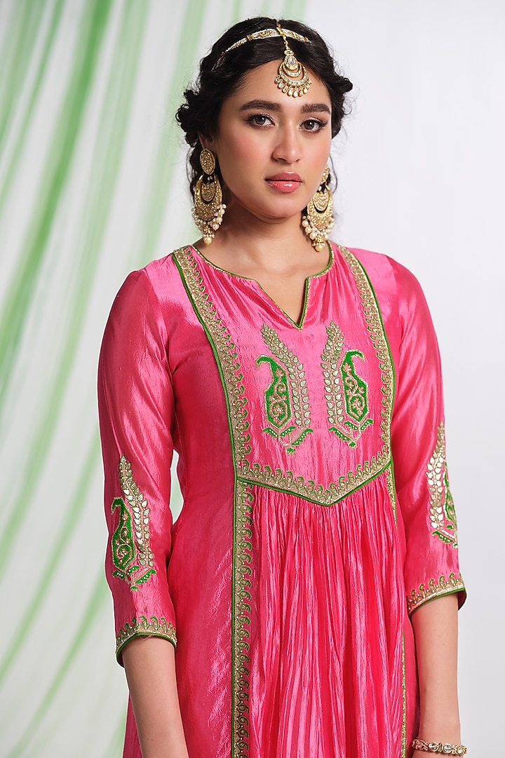 Pink Silk Aari Work Wedding Anarkali Set by Almaari by Pooja Patel at Pernia's Pop Up Shop