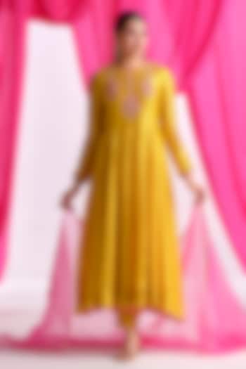 Yellow Silk Aari Work Party Wear Anarkali Set by Almaari by Pooja Patel at Pernia's Pop Up Shop