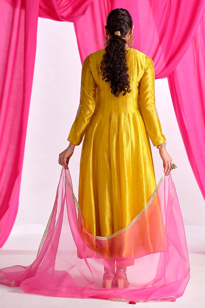 Yellow Silk Aari Work Party Wear Anarkali Set by Almaari by Pooja Patel at Pernia's Pop Up Shop