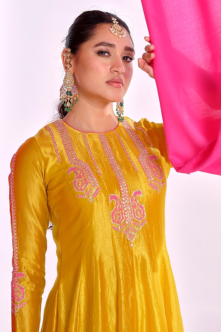 Yellow Silk Aari Work Party Wear Anarkali Set by Almaari by Pooja Patel at Pernia's Pop Up Shop
