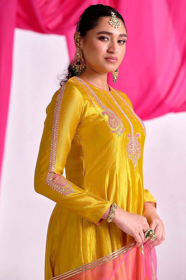 Yellow Silk Aari Work Party Wear Anarkali Set by Almaari by Pooja Patel at Pernia's Pop Up Shop