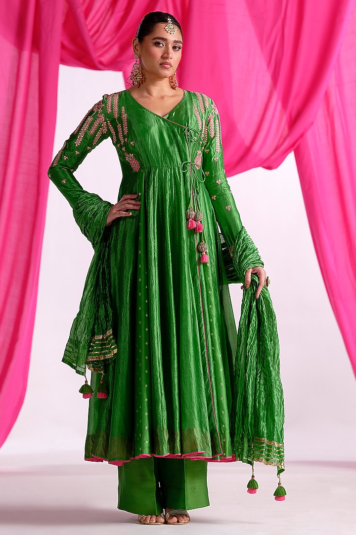 Green Silk Aari Work Wedding Anarkali Set by Almaari by Pooja Patel at Pernia's Pop Up Shop