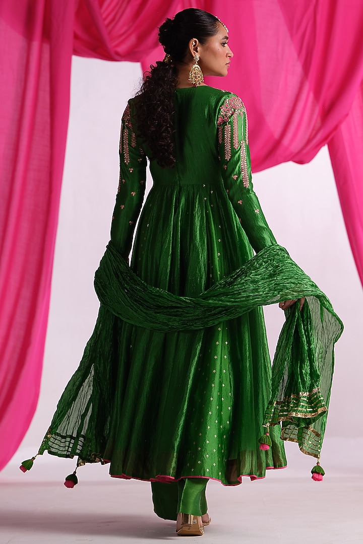 Green Silk Aari Work Wedding Anarkali Set by Almaari by Pooja Patel at Pernia's Pop Up Shop